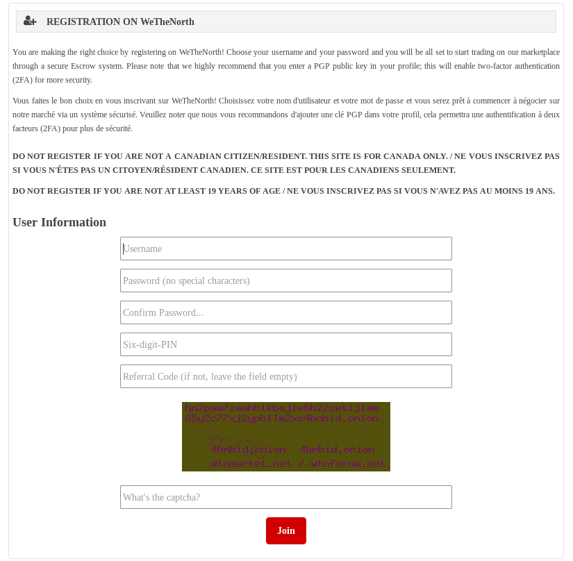 Registration page for WeTheNorth Market